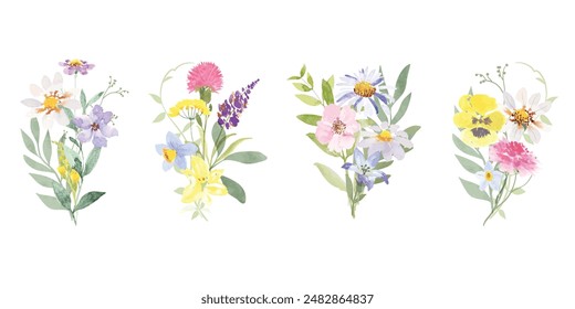 Set of bouquet vector. Watercolor floral arrangement with wildflower, rose, poppy, sunflower, eucalyptus, leaves branch in minimal style. Botanical illustration design for logo, wedding, decor, print.