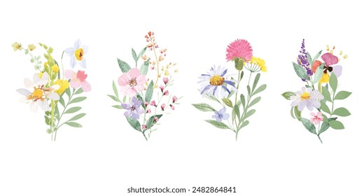 Set of bouquet vector. Watercolor floral arrangement with wildflower, rose, poppy, sunflower, eucalyptus, leaves branch in minimal style. Botanical illustration design for logo, wedding, decor, print.