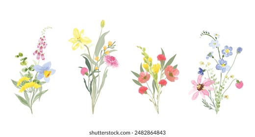 Conjunto de Vector de ramo. Arreglo floral acuarela con flores silvestres, rosas, amapola, orquídea, eucalipto, rama de hojas en estilo minimalista. Diseño de ilustración botánica para logotipo, boda, decoración, impresión.