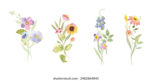 Set of bouquet vector. Watercolor floral arrangement with wildflower, rose, poppy, sunflower, eucalyptus, leaves branch in minimal style. Botanical illustration design for logo, wedding, decor, print.