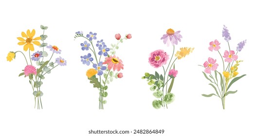 Set of bouquet vector. Watercolor floral arrangement with wildflower, rose, poppy, sunflower, eucalyptus, leaves branch in minimal style. Botanical illustration design for logo, wedding, decor, print.