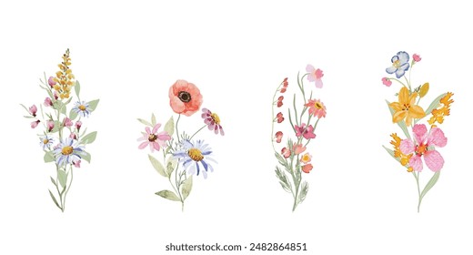 Set of bouquet vector. Watercolor floral arrangement with wildflower, rose, poppy, orchid, eucalyptus, leaves branch in minimal style. Botanical illustration design for logo, wedding, decor, print.