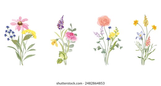 Set of bouquet vector. Watercolor floral arrangement with wildflower, rose, poppy, ranunculus, eucalyptus, leaves branch in minimal style. Botanical illustration design for logo, wedding, decor,print.