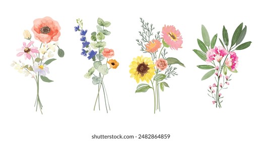 Conjunto de Vector de ramo. Arreglo floral de acuarela con flores silvestres, rosas, amapola, girasol, eucalipto, ramas de hojas en estilo minimalista. Diseño de ilustración botánica para logotipo, boda, decoración, impresión.