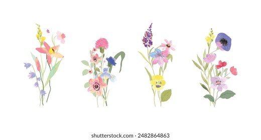 Conjunto de Vector de ramo. Arreglo floral de acuarela con flores silvestres, rosas, amapola, girasol, eucalipto, ramas de hojas en estilo minimalista. Diseño de ilustración botánica para logotipo, boda, decoración, impresión.