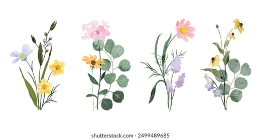 Set of bouquet vector. Watercolor floral arrangement with wildflower, rose, daisy, wildgrass, eucalyptus, leaves branch in minimal style. Botanical illustration design for logo, wedding, decor, print.