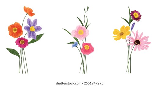 Set of bouquet vector. Watercolor floral arrangement with wildflower, rose, poppy, wildgrass, eucalyptus, leaves branch in minimal style. Botanical illustration design for logo, wedding, decor, print.