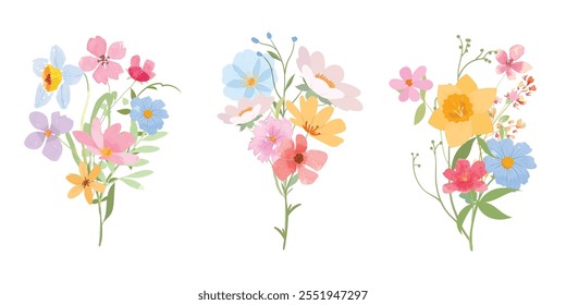 Set of bouquet vector. Watercolor floral arrangement with wildflower, rose, poppy, wildgrass, eucalyptus, leaves branch in minimal style. Botanical illustration design for logo, wedding, decor, print.