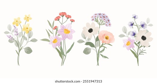 Set of bouquet vector. Watercolor floral arrangement with wildflower, rose, poppy, wildgrass, eucalyptus, leaves branch in minimal style. Botanical illustration design for logo, wedding, decor, print.