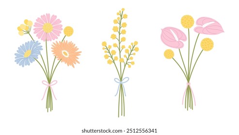 Conjunto de ramo de flores silvestres. Manojo floral. Flores atadas con cinta, Ilustración vectorial. Hierbas de pradera y plantas silvestres para proyectos de diseño