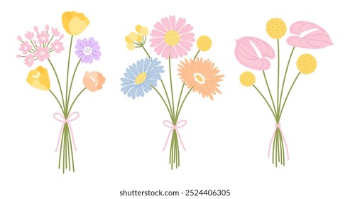 Set of bouquet wildflowers. Floral bunch. Flowers tied with ribbon, vector illustration. Meadow herbs, and wild plants for design projects