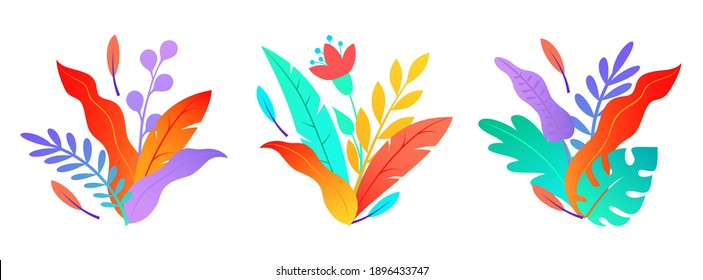 Set of bouquets of abstract colorful flowers and leaves. Flat design. Botanical illustration. Vector.