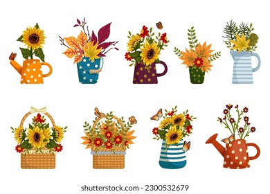 A set of bouquets of autumn leaves and sunflower flowers in wicker baskets and vintage vases, watering cans.Vector graphics.