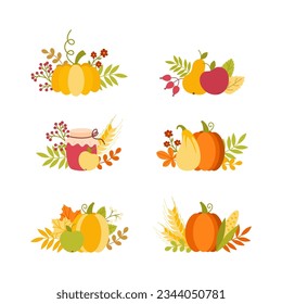 set of bouquets of autumn leaves, vegetables and fruits

