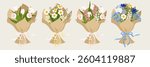 Set of bouquets. Blooming gardening tulip bunch, daffodils bunch, and others. Vector illustration in hand-drawn style

