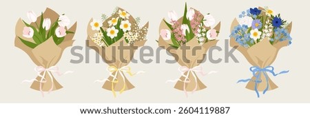 Set of bouquets. Blooming gardening tulip bunch, daffodils bunch, and others. Vector illustration in hand-drawn style
