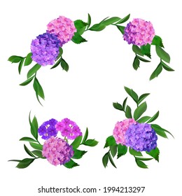 Set bouquets blue, pink hydrangeas and branches leaves on a white isolated background. Vector vintage botanical illustration. Design for wedding cards and congratulation birthday.