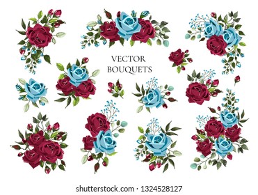 Set of bouquets bordo and navy blue flower roses with green leaves. Floral maroon branch flowers arrangements for wedding invitation save the date or greeting card design. Vector illustration