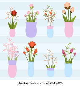 Set of bouquets of bright flowers and leaves in light colored pots or vases isolated on blue background