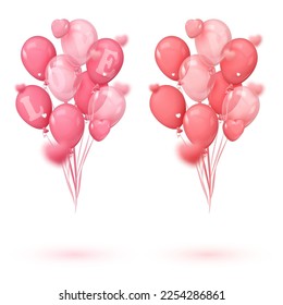 Set of bouquets, bunch of red and pink balloons, hearts and ribbons. Vector illustration for Valentine's Day, card, party, design, flyer, poster, decor, banner, web, advertising. 