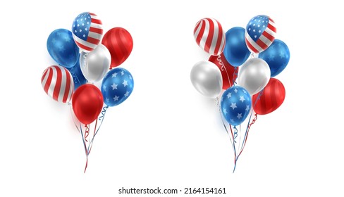 Set of Bouquets, bunches of realistic balloons in American, USA color and ribbons. Vector illustration for card, party, design, flyer, poster, banner, web, advertising.