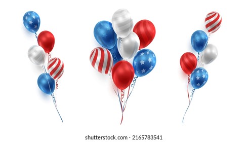 Set of Bouquets, bunches of realistic balloons in American, USA color and ribbons. Vector illustration for card, party, design, flyer, poster, banner, web, advertising.