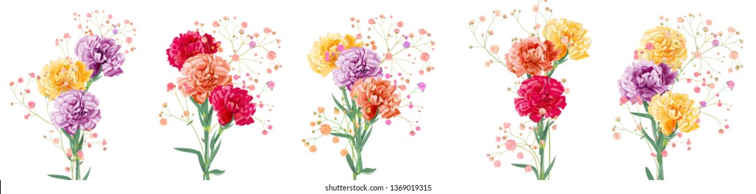 Set bouquets of carnation schabaud. Purple, yellow, red, orange flowers, twigs gypsophile, white background. Illustration for Mother's Day, Victory day in watercolor style, panoramic view, vector