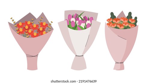 Set of bouquets. Collection of flowers, romantic gifts, presents and surprises. Love for nature and plants. Nature and outdoor. Cartoon flat vector illustrations isolated on white baclground