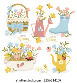 A set of bouquets in containers. On the Women's Day holiday, March 8 is a spring holiday. Bouquet, blooming flowers in a basin, a boot, a watering can, a teapot and leaves. Cute postcards, stickers