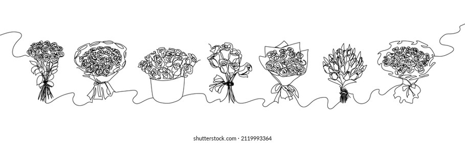 Set of bouquets continuous line drawing. One line art of decoration, flowers, tea roses, garden flowers, bouquet, floristry, romance, gift, relationship, love, peonies, tulips, dahlias, carnations.