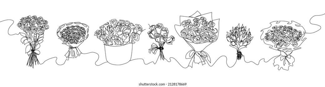 Set of bouquets continuous line drawing. One line art of decoration, flowers, roses, garden flowers, bouquet, floristry, romance, relationship, love, peonies, tulips, dahlias, carnations.