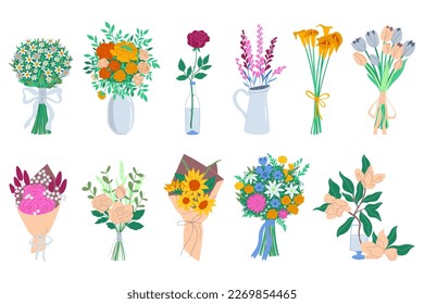 Set von Bouquets verschiedener Blumen einzeln auf weißem Hintergrund. Vektorgrafiken.