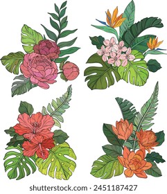Blumensträuße und Elemente auf weißem Hintergrund. Vektorillustration