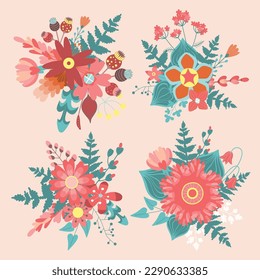 Set of Bouquets. Flower Bouquets. Design element for invitations, greeting cards, posters, blogs. Delicate flowers and leaves.