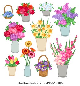 Set of bouquets of flowers in buckets and baskets for the flower shop isolated on white background