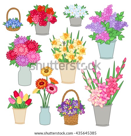 Set Bouquets Flowers Buckets Baskets Flower Stock Vector (Royalty Free