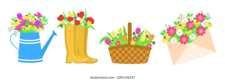 Set of bouquets of flowers. Collection spring flowers in boots, envelope, basket. Vector illustration.