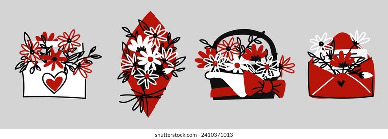 Set of bouquets with flowers in different containers. Two color doodle illustration. Bouquets of white and red daisies. Vector isolated. Collection of gifts for Valentine's Day, birthday, mother's Day