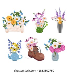 A set of bouquets of flowers. Field bells, daisies, garden lupins, dahlias in a jar, box, bucket, watering can, boot on a white isolated background.