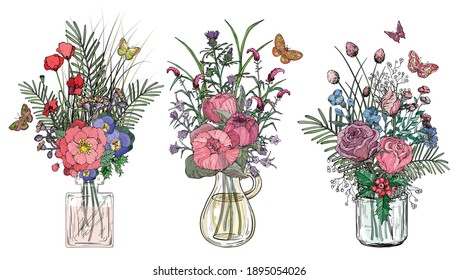 Set of bouquets of flowers in glass vases. Vector illustration.