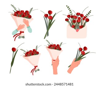 Set of Bouquets of Flowers. Hand holds red flowers. Envelope with Flowers. Set of Colorful Bouquets. Design elements for greeting cards, posters, banners.