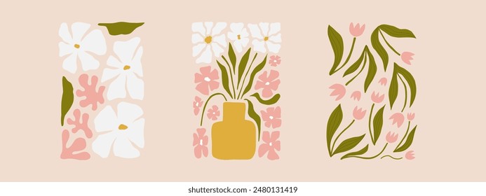 Set of bouquets with flowers. Interior painting. Colorful illustrations of flowers for covers, and pictures. Vector illustration. Modern floral posters. Beige pink and white botanical arts