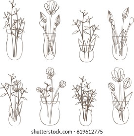 Set of bouquets of flowers and leaves in pots or vases in outline
