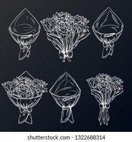 A set of bouquets of flowers in paper packaging and collected in the ribbon isolated on black the background. Greeting card with a bouquet of tulips and eucalyptus. Logo or print for a flower shop.