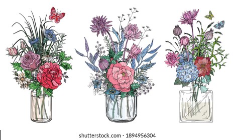 Set of bouquets of flowers in transparent glass vases. Vector illustration.