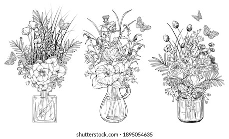 Set of bouquets of flowers in transparent glass vases. Black and white Vector illustration.