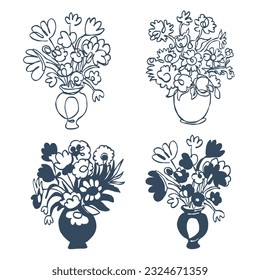 A set of bouquets of flowers in vases. Drawing with one continuous line. Vector illustration