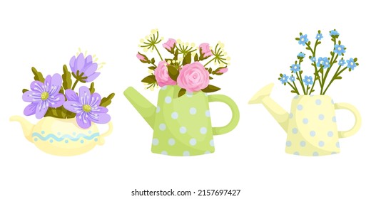 Set of bouquets of flowers in vintage vases,watering cans.Cartoon vector graphics.