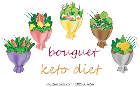 A set of bouquets of food. Fruits vegetables mushrooms fish healthy food diet. Vector illustration.