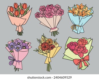 Set of bouquets in gift packaging. Collection of minimalist bouquets of beautiful wildflowers in craft paper. Design fo valentines day. Botany. Vector illustration on white background.